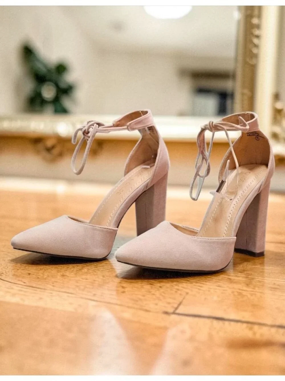 Ankle Strap Block Heel Suede Pumps In Nude Beige For Women